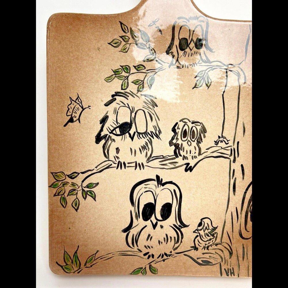 Vintage Cute Owl Handpainted Handmade Ceramic Pottery Hot Pad Trivet Board Wall - Picture 2 of 6